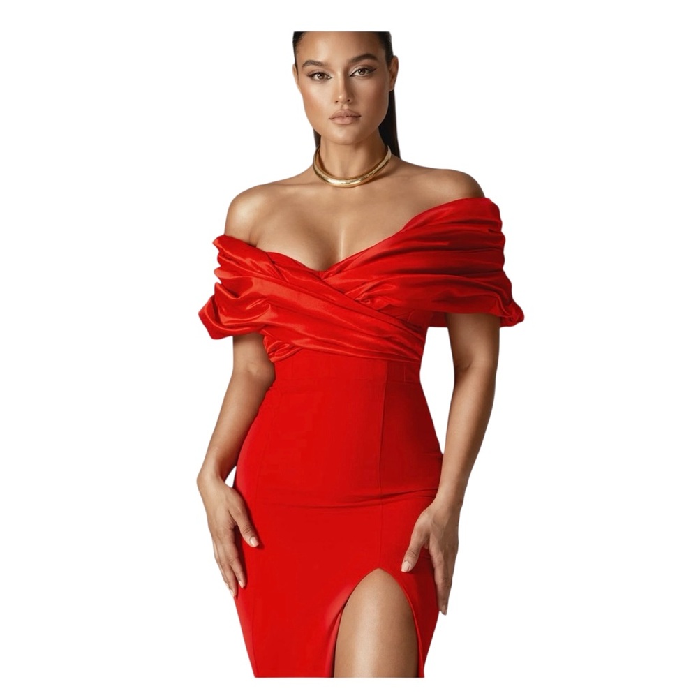 NWT Alieva Presley Crepe Ruffle Shoulder Gown Dress in Red Sz. L - Picture 7 of 15